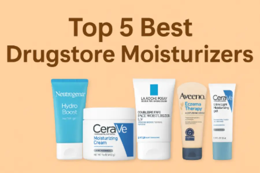 Five best drugstore moisturisers, including Neutrogena Hydro Boost, CeraVe Cream, La Roche-Posay, Aveeno, and CeraVe Gel, arranged on a peach background with the headline Top 5 Best Drugstore Moisturisers.