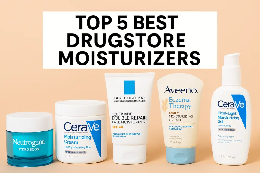 A lineup of five popular drugstore moisturizers including Neutrogena Hydro Boost, CeraVe Moisturizing Cream, La Roche-Posay Toleriane with SPF, Aveeno Eczema Therapy, and CeraVe Ultra-Light Gel, displayed on a peach background with the title "Top 5 Best Drugstore Moisturisers" above.