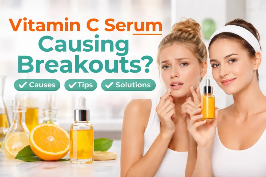 Woman holding serum while worried about acne – Vitamin C Serum Causing Breakouts concept