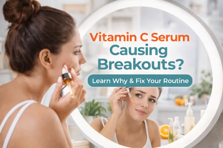 Woman applying serum in mirror worried about acne – Vitamin C Serum Causing Breakouts