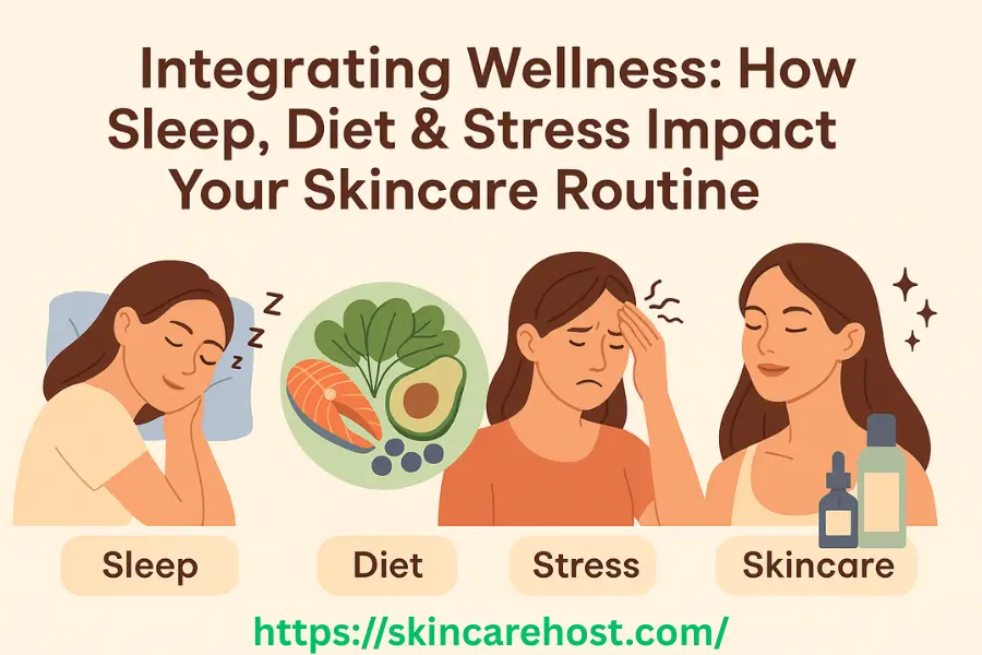 Wellness and Skincare - Illustration showing the impact of sleep, healthy diet, stress, and skincare on glowing skin with icons of a woman sleeping, nutritious foods, a stressed face, and a woman applying skincare products.