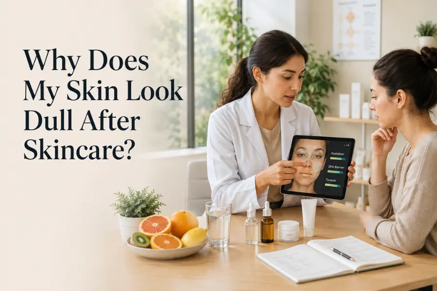 Why Does My Skin Look Dull After Skincare: Dermatologist using a digital skin analysis tablet to explain the causes of dull skin after skincare to a patient during a professional skincare consultation.