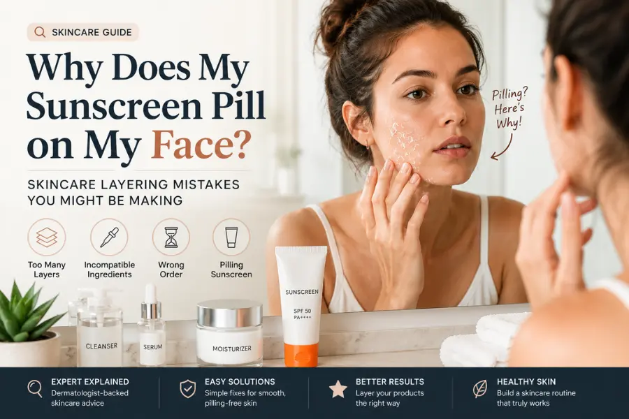 Why Does My Sunscreen Pill on My Face? in banner image  Woman applying sunscreen in front of a mirror noticing sunscreen pilling on her face, surrounded by skincare products like cleanser, serum, moisturiser, and sunscreen on a bathroom counter.