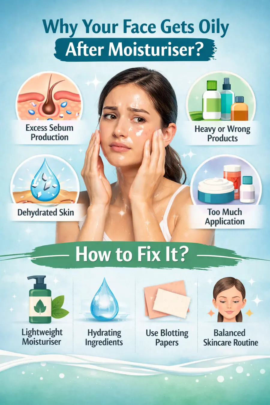 Infographic explaining why face gets oily after moisturiser, showing causes like excess sebum, dehydrated skin, heavy products, and tips to control oily skin.