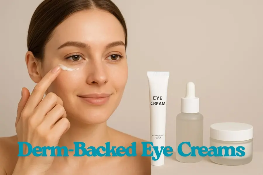 Woman gently applying derm-backed eye cream under her eye with skincare products beside her.